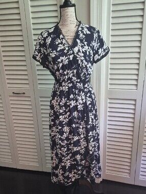 Navy and White Floral FAUX Wrap Midi Dress